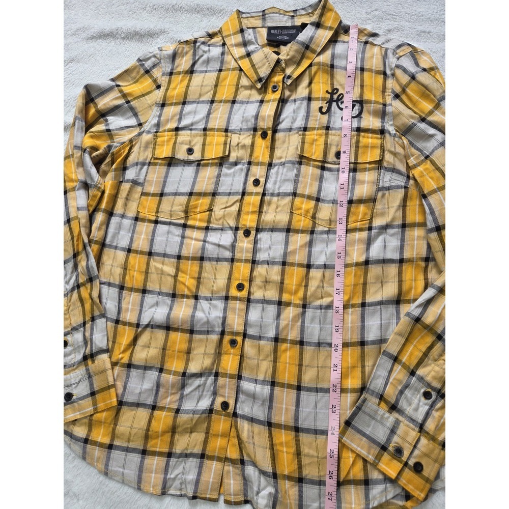 Harley-Davidson Women's XL Plaid Button Up Shirt Yellow Gray Flannel Embroidered - Picture 7 of 10